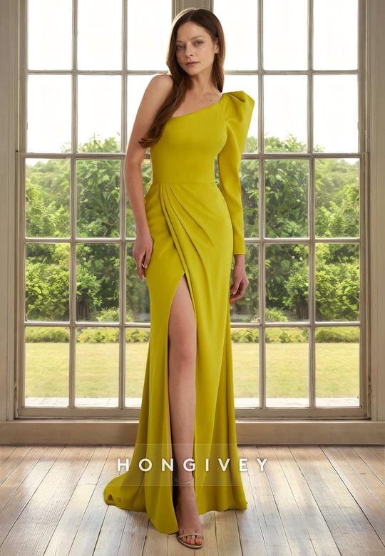 One Shoulder Long Sleeves Ruched Side Slit Fitted Cocktail Gown