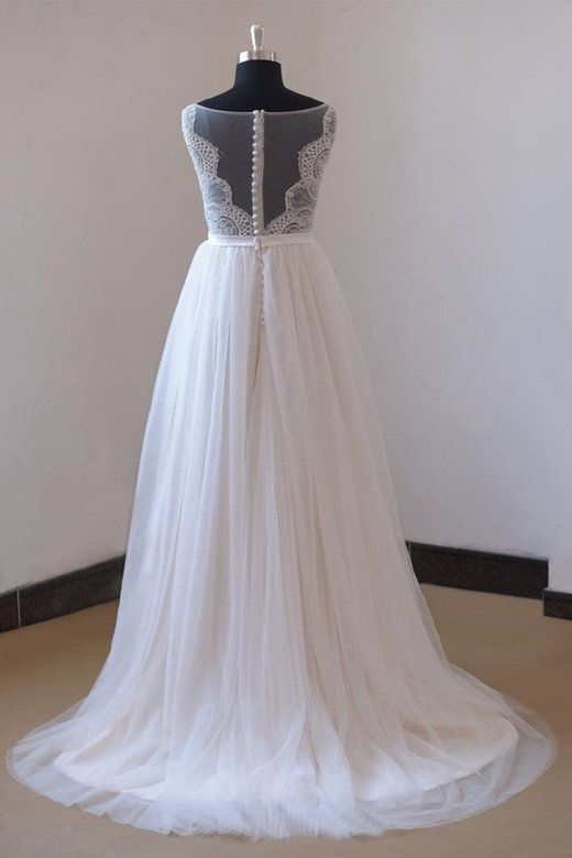 Affordable Applique Tulle Sleeveless Wedding Gown, White A-line