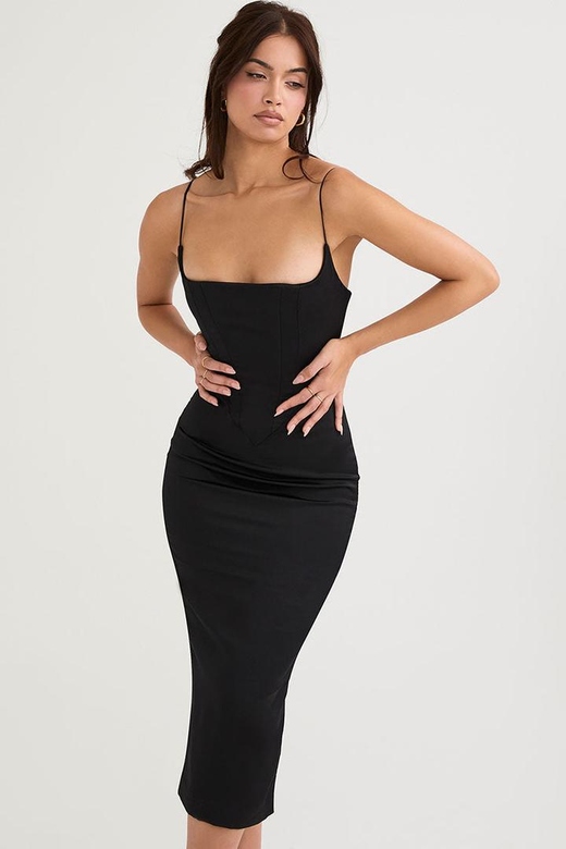 Silky Satin Black Square Neck Cami Slip Cocktail Party Midi Dress