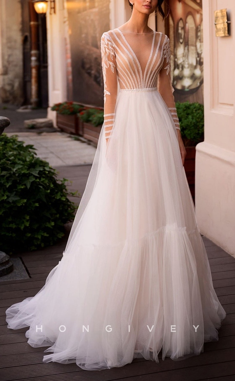 Sexy Illusion Empire V-Neck Long Sleeves Appliques Wedding Gown