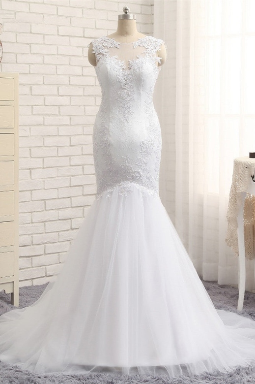 Glamorous Jewel Sleeveless Tulle Wedding Dress, White Mermaid Satin