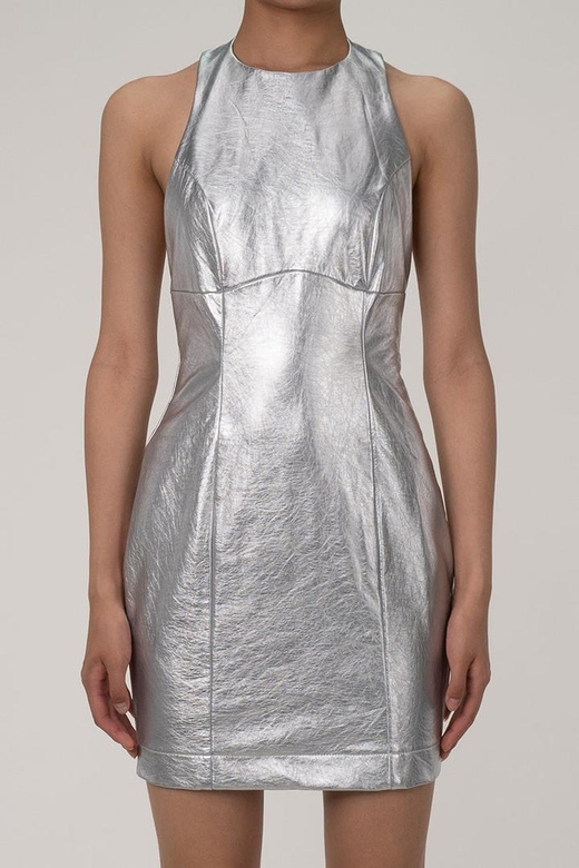 Metallic Halter Crew Neck Vegan Leather Bodycon Mini