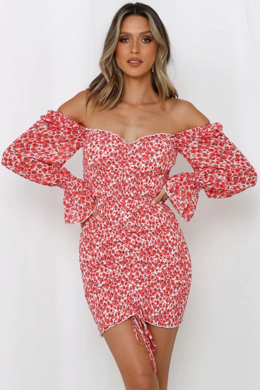 Red Floral Off Sleeve Ruched Smocked Mini Dress