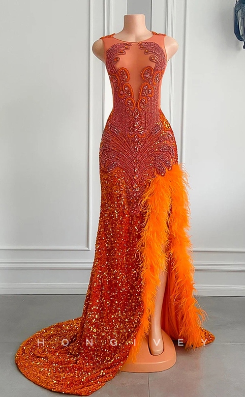 Chic Trumpet Feathers Dress with Beaded Sequins