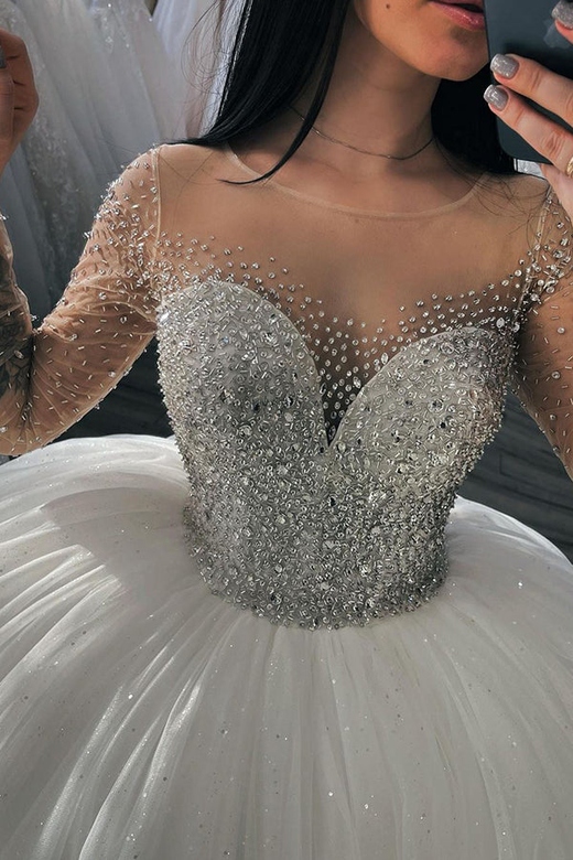 Stylish Glitter Sequins A-Line Ball Gown, Long Sleeves Bridal Wear