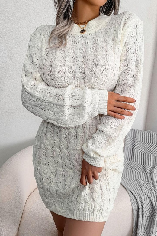 Cozy White Winter Fisherman Cable Knit Bodycon Sweater Mini Dress