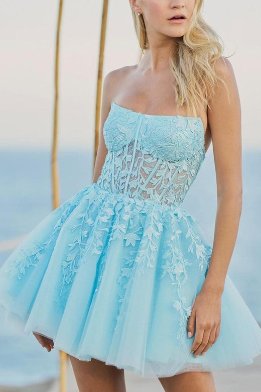 Strapless Lace Appliqued Sheer Tulle A-Line Mini Homecoming Gown