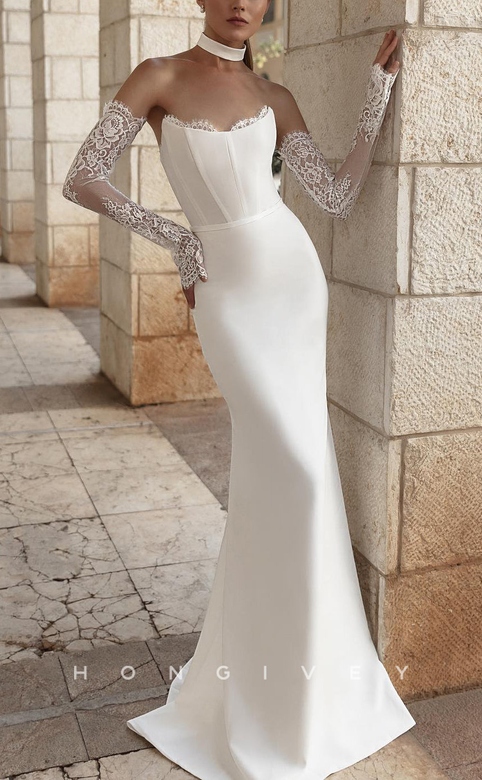 Chic Bateau Trumpet Lace Long Sleeve Beach Wedding Dress