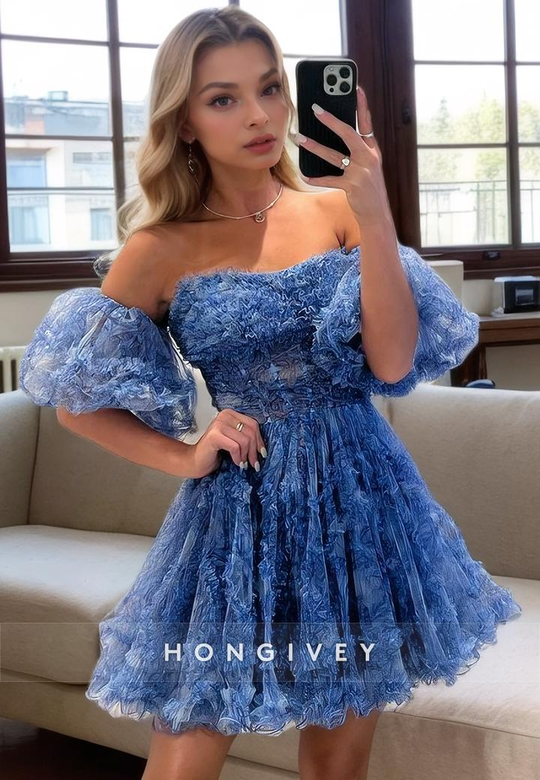 Tulle A-Line Off-Shoulder Puff Sleeves Appliques Short Homecoming Dress