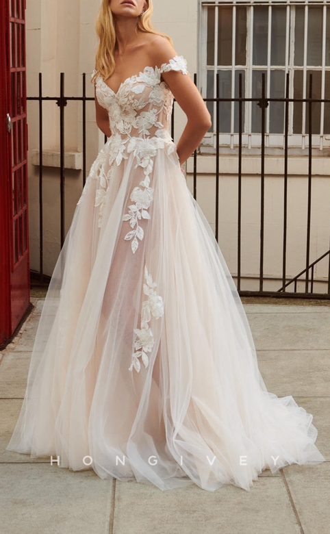 Sexy Illusion Floral Appliqued Off-Shoulder Boho Wedding Gown