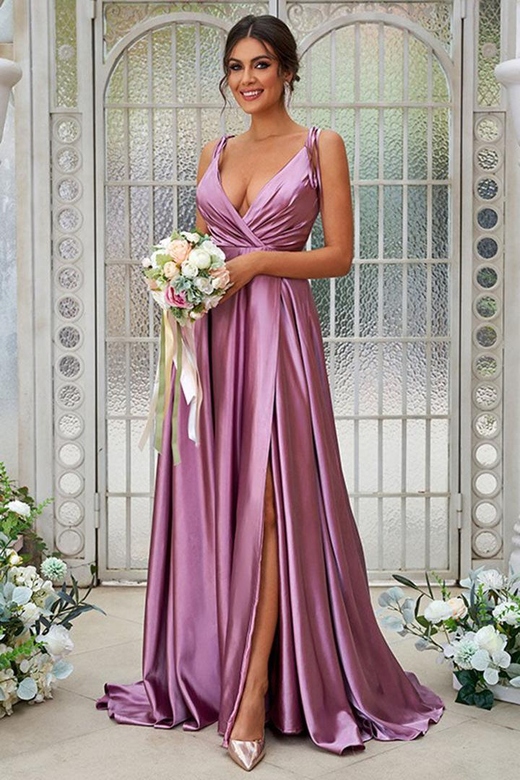 V-Neck Spaghetti Straps Ruched Satin A-Line Long Bridesmaid Dress