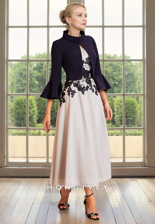 Satin A-Line Round 3/4 Sleeves Appliques Two-Piece MOB Dress