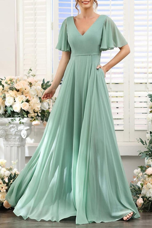 V-Neck Short Sleeves Ruched Chiffon A-Line Bridesmaid Gown