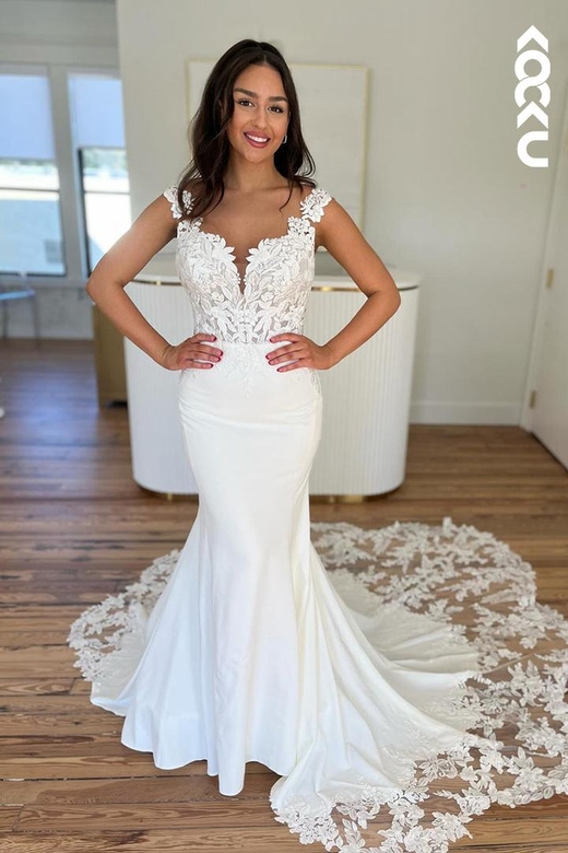 Timeless Straps V-Neck Mermaid Applique Elegant Wedding Gown