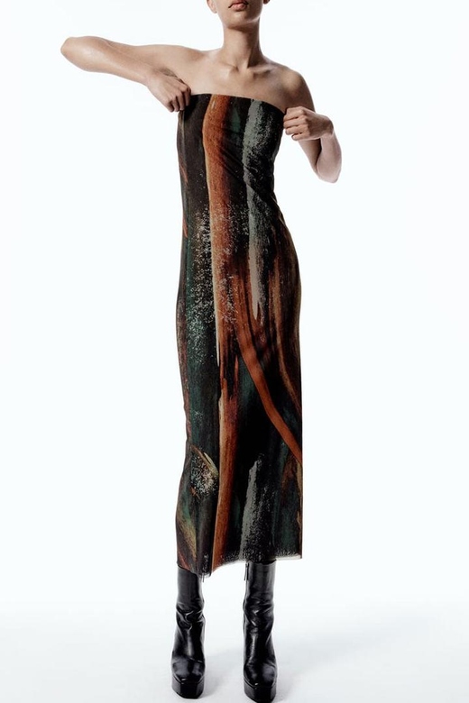 Vintage Style Abstract Printed Brown Summer Strapless Mesh Maxi Dress