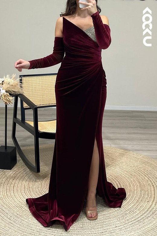 Asymmetrical Strapless Beaded Velvet Mermaid Formal Evening Gown