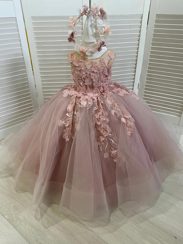 Modest Sleeveless Ball Gown Flower Girls Dress with Beautiful Appliques