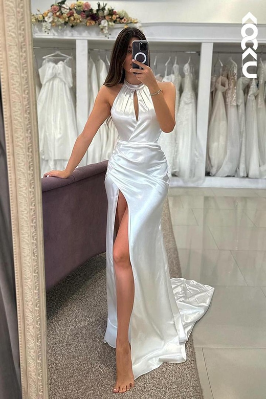 Casual Halter Sleeveless Side Slit Ruched Mermaid Wedding Dress