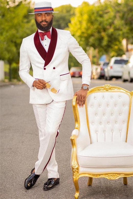 White Jacquard Double-Breasted Suit with Burgundy Lapel