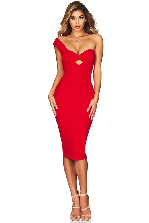 Red Sweetheart One Shoulder Midi Cocktail Dress