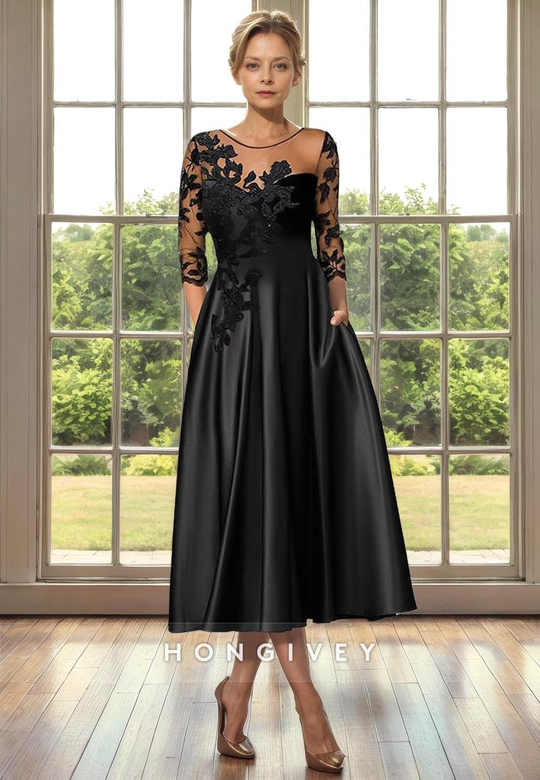 Chic Satin A-Line Round Half Sleeves Lace Applique Mother's Gown