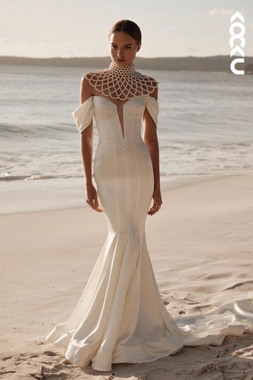 Sexy & Hot Trumpet Off Shoulder Detachable Halter Pearls Dress