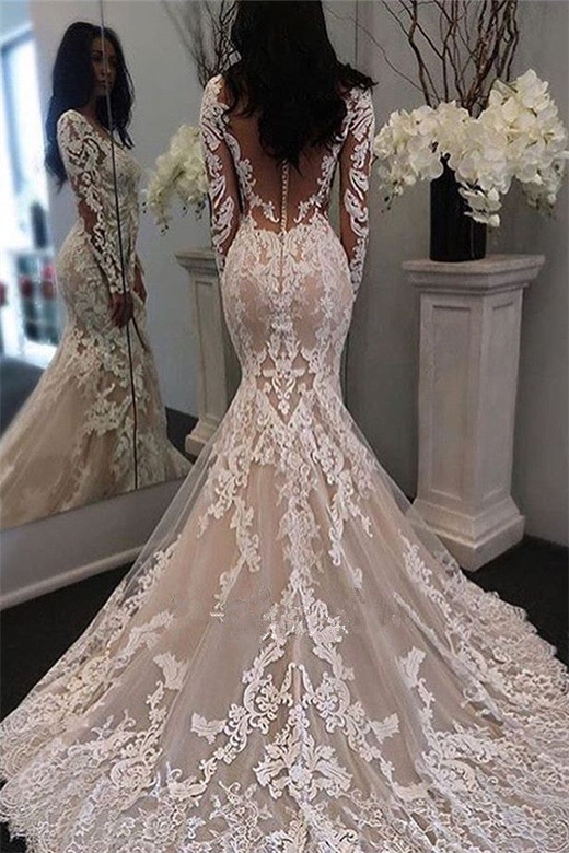 Long-Sleeved Lace Mermaid Wedding Gown, Amazing Retro Sheer Tulle