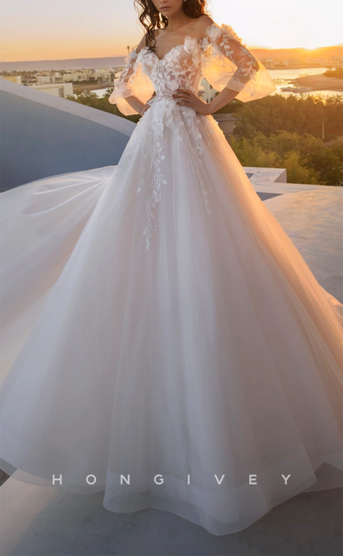 Tulle A-Line Gown, Sweetheart, Puff Sleeves, Empire, Floral Appliques, Train Detail