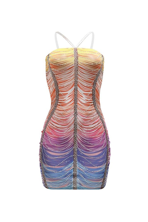 Sexy Crystal Wavy Print Bodycon Mesh Party Micro Mini Dress