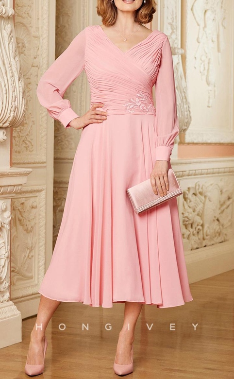 Elegant A-Line V-Neck Long Sleeve Appliques Mother's Formal Gown