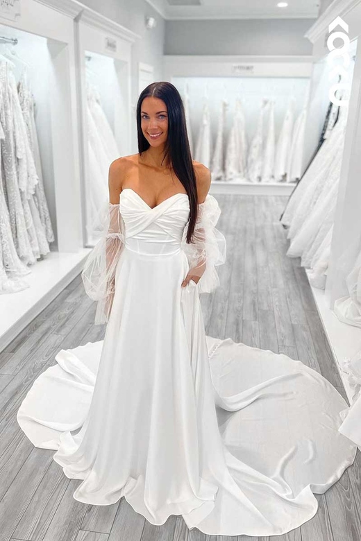 Sweetheart Strapless Ruched Dress with Long Detachable Sleeves