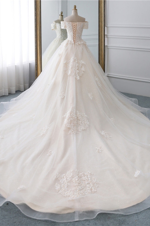 Affordable Off-Shoulder White Tulle Lace Wedding Gown On Sale