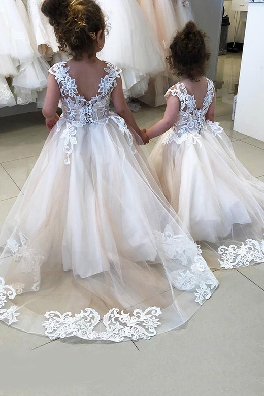 Cap Sleeves Applique Embellished Flower Girl Dress