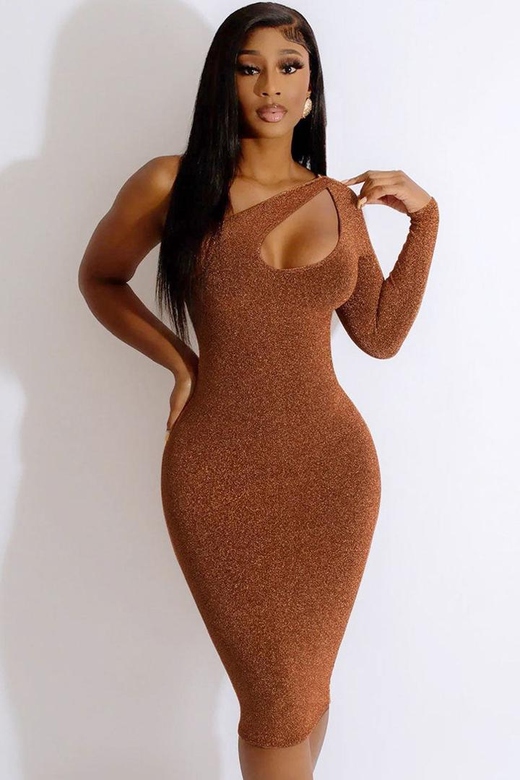 Brown Sparkly Lurex Cutout One Shoulder Long Sleeve Bodycon Cocktail Midi Dress