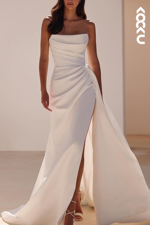 Simple Casual Off-Shoulder Sleeveless Ruched Split Gown