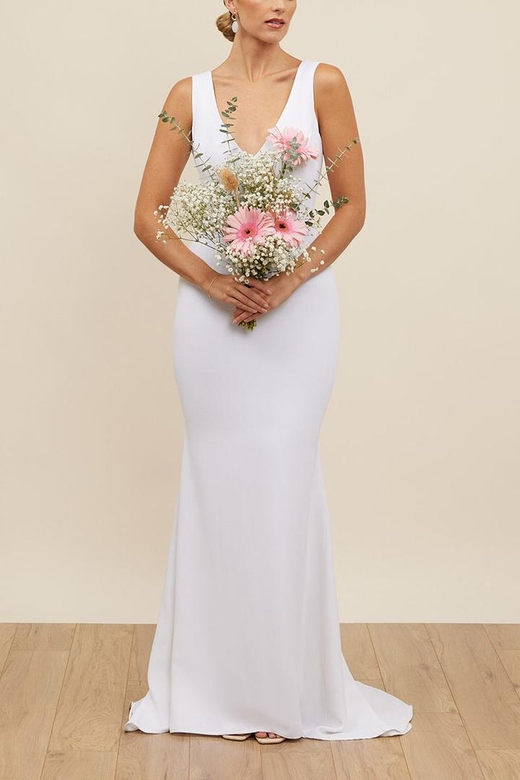 Simple V-Neck Sleeveless Sheer Lace Satin Sheath Wedding Gown