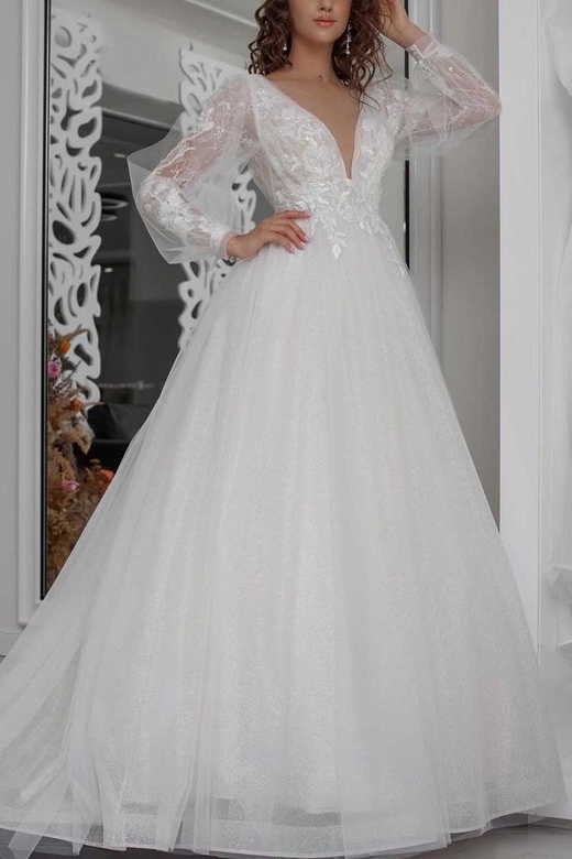 Low V-Neck Long Sleeves Appliqued Tulle A-Line Gown