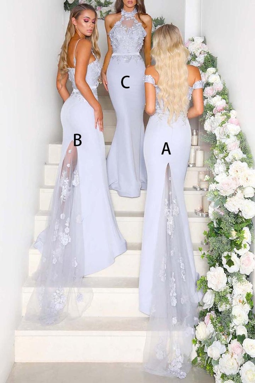 Sexy Lace Appliqued Sleeveless Satin Mermaid Long Bridesmaid Gown