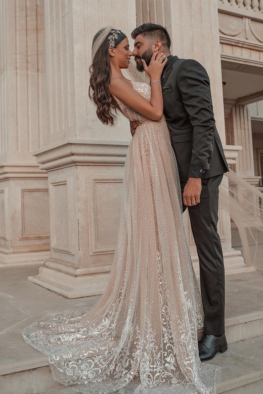 Spaghetti-Straps Lace Mermaid Wedding Dress with Ruffles Split