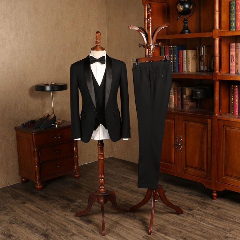 All Black Three-piece Custom Suit, Wedding Groom Attire