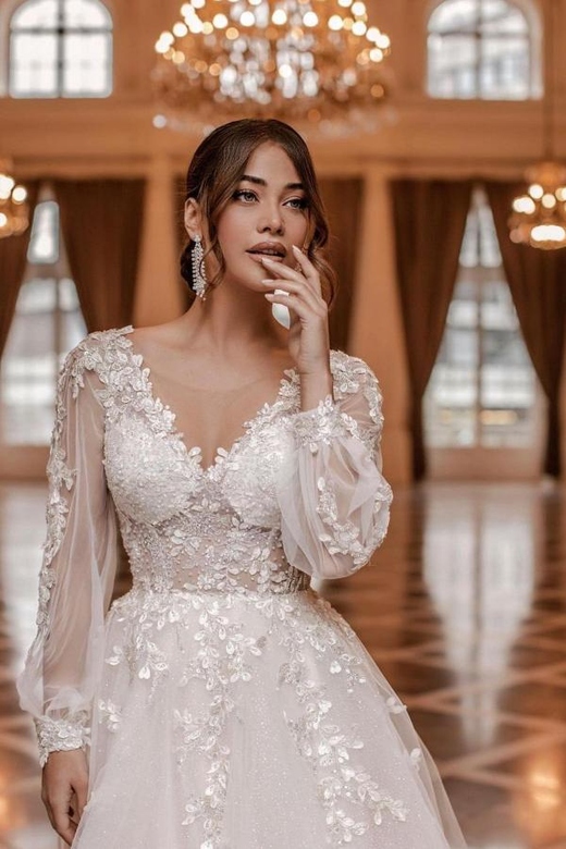 Long Sleeve V-Neck Wedding Dress with Lace Appliques