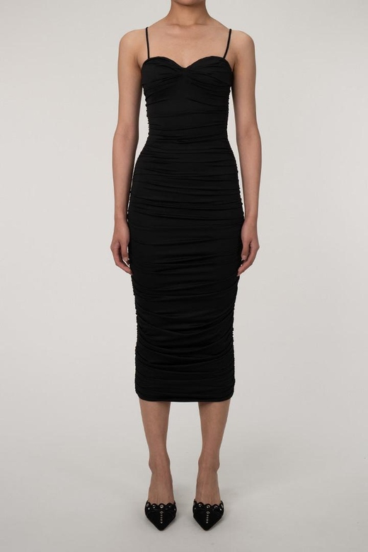 Black Sweetheart Neck Ruched Midi Cocktail Party Dress