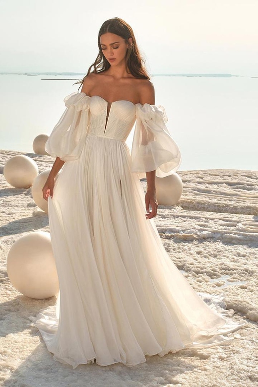 Low V-Neck Strapless Half Sleeves Ruched Tulle Wedding Gown