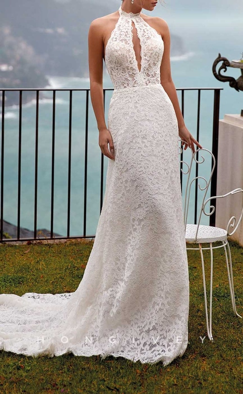 Trumpet Lace Dress with High Neck & Open Back Train