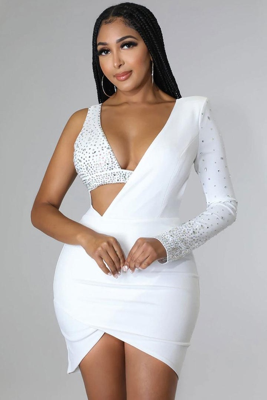 White Asymmetrical Crystal Bra Long Sleeve Cutout Bodycon Party Mini Dress