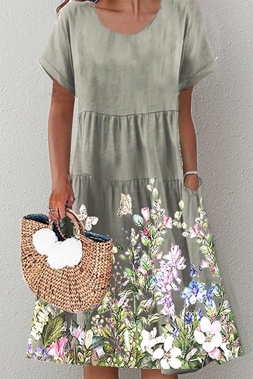 Sweet Floral Patchwork O-Neck A-Line Short Sleeve Dress