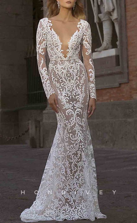 Lace Trumpet Dress with Scoop Sleeves & Fully Appliques Belt