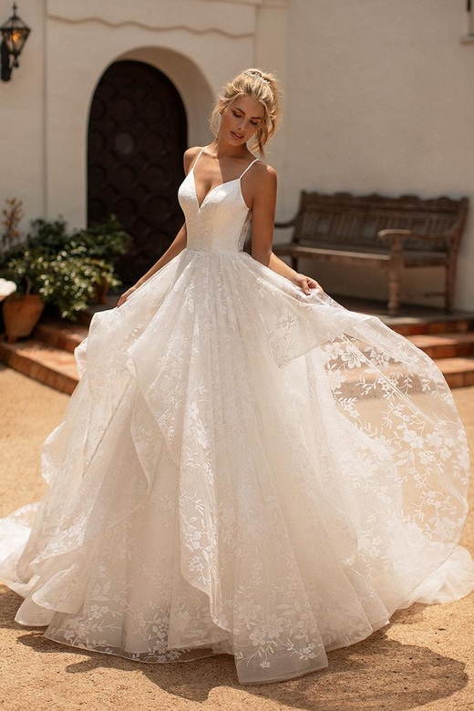 V-Neck Spaghetti Straps Lace Ball Gown with Sweep Train