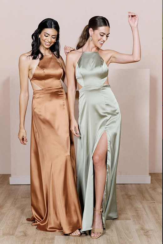 Spaghetti Straps Cut Outs Satin A-Line Slit Bridesmaid Formal Gown