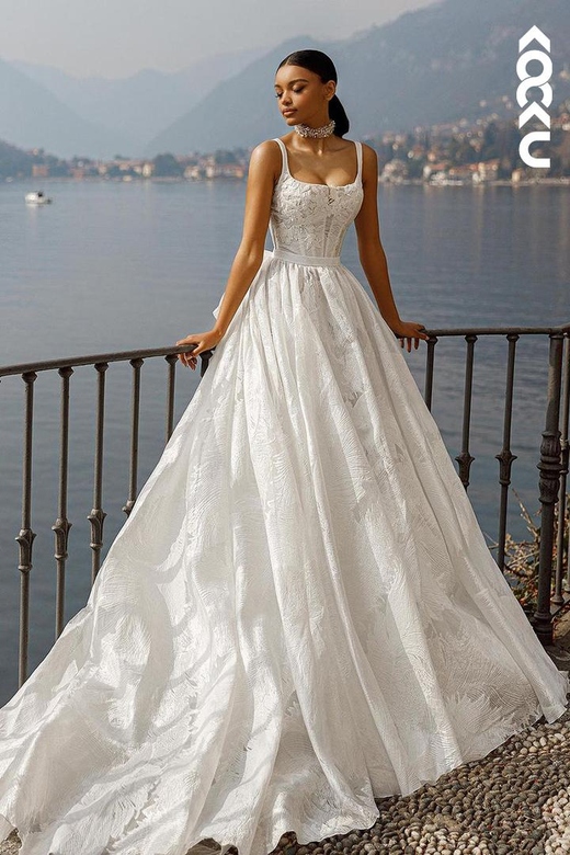 Elegant Straps Square A-Line Wedding Dress with Applique Detail